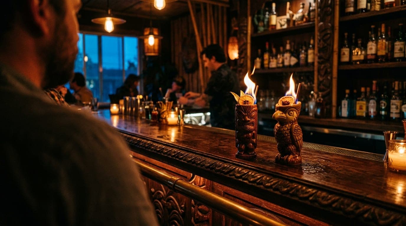 Over-the-shoulder 35mm view inside The Inferno Room. Two tiki mugs with flaming garnishes sit on a carved wooden bar, offs...
