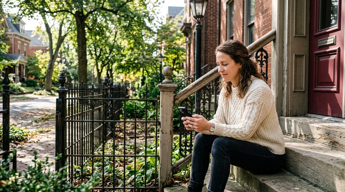 A woman in a cream cable-knit sweater sits on a Woodruff Place stoop, sunlight catching her phone screen, which displays a...
