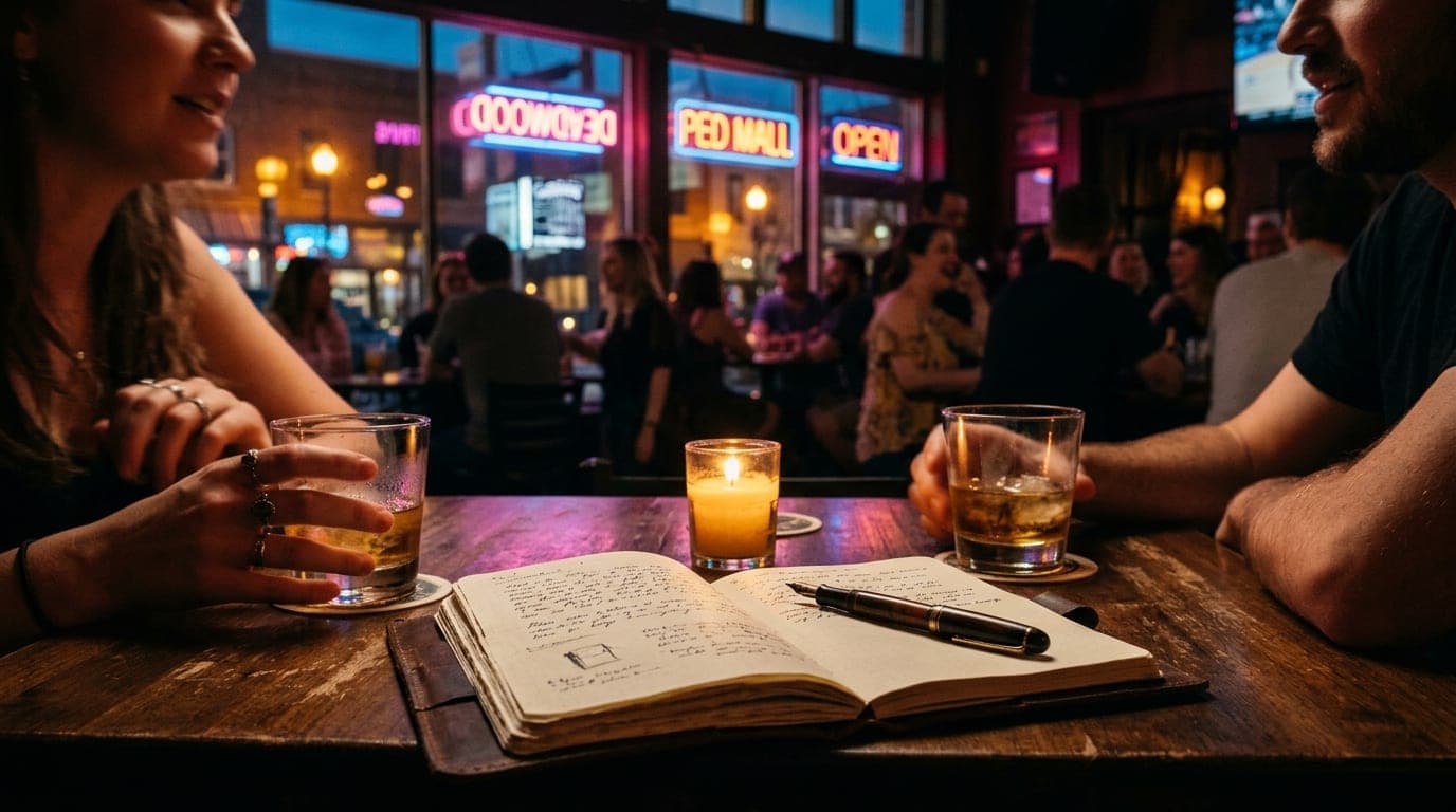A candlelit table in a dim Iowa City tavern, featuring an open leather notebook, a vintage fountain pen, and two half-fini...