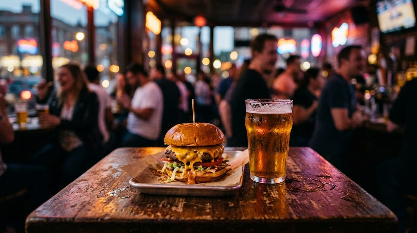 A close-up, tilt-shift shot of a sticky wooden table at George’s Buffet, featuring a single overflowing cheeseburger and a...