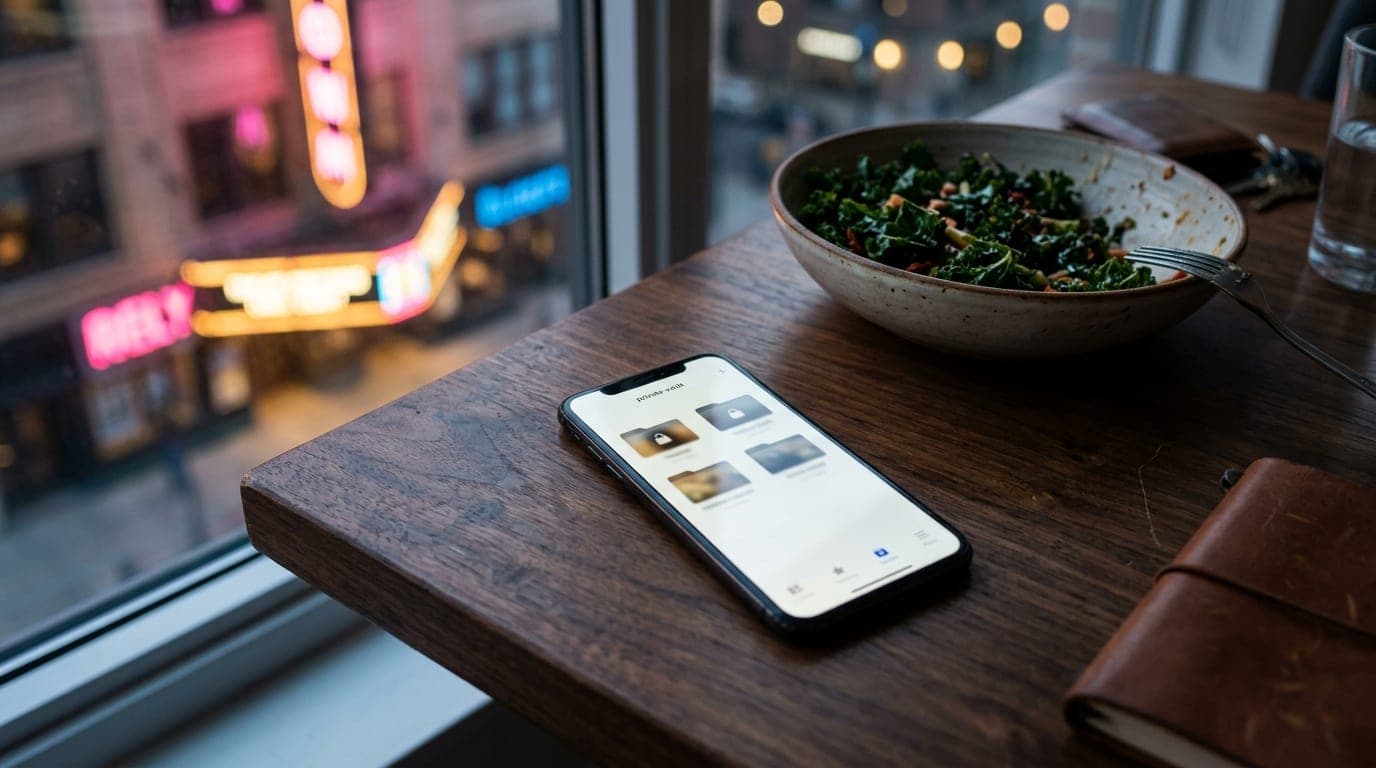 A close-up shot captures an unlocked smartphone resting on a dark walnut desk. A private vault folder is open on the scree...