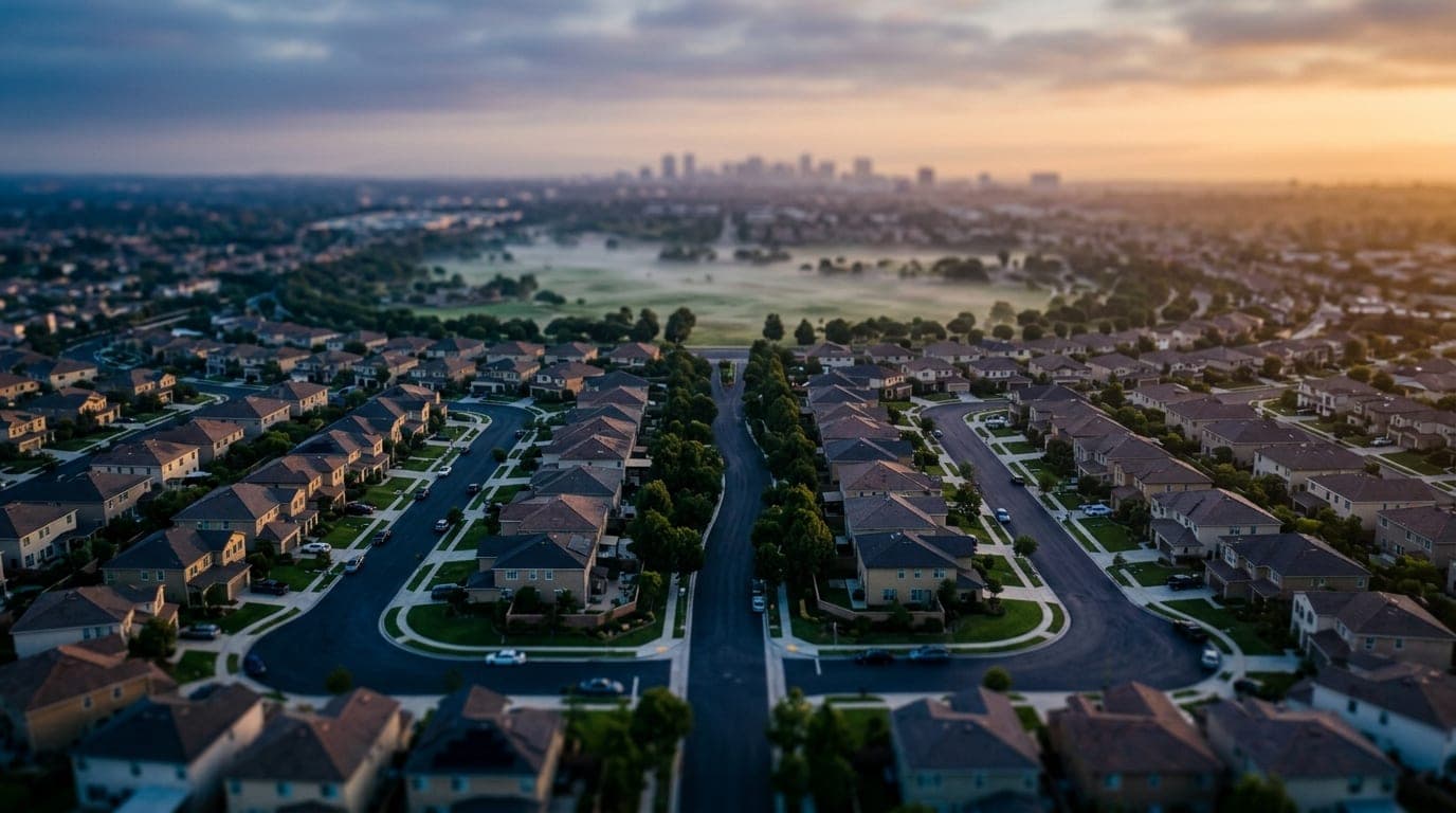 An overhead flat-lay of a perfectly manicured Irvine neighborhood at dawn, featuring tilt-shift focus on the winding, geom...