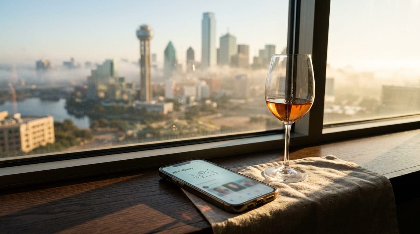 A close-up shot through a sunlit hotel window overlooking the Las Colinas skyline. A smartphone displays an active AFF Fla...
