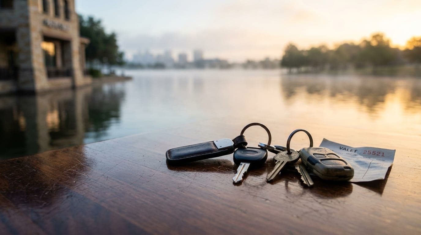 A 35mm documentary shot at golden hour captures two sets of car keys and a valet ticket resting on a polished bistro table...