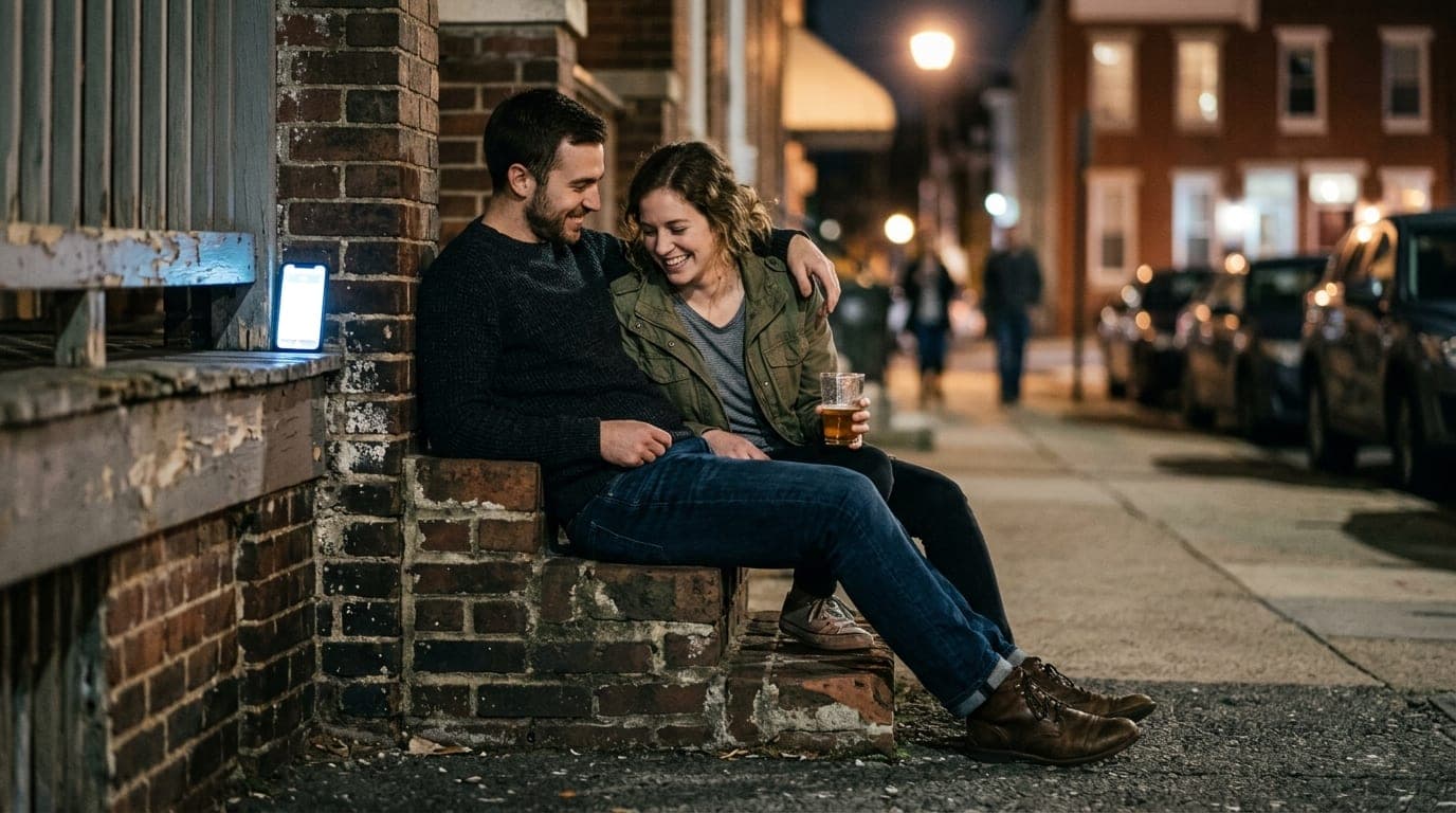 A couple in casual brewery attire sits on a weathered Riverside brick stoop at night. A smartphone glows on a nearby raili...