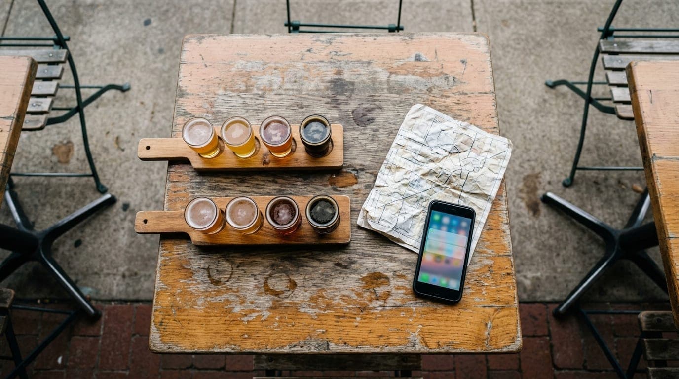 Overhead flat-lay on a weathered Riverside bistro table featuring two craft beer flights, a crumpled Jax Beach parking map...