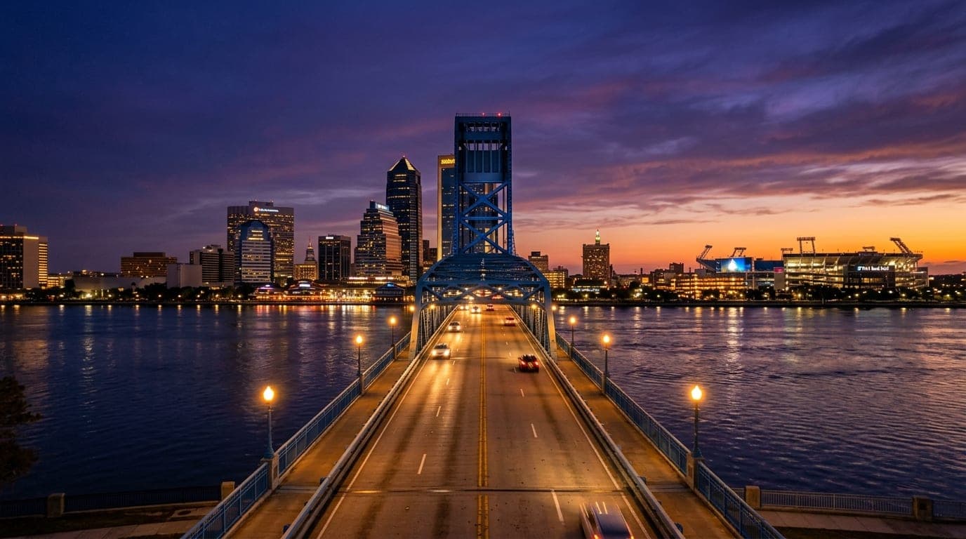 A wide-angle, symmetrical shot of the Main Street Bridge bathed in tungsten amber light at dusk, framing the distant, glow...