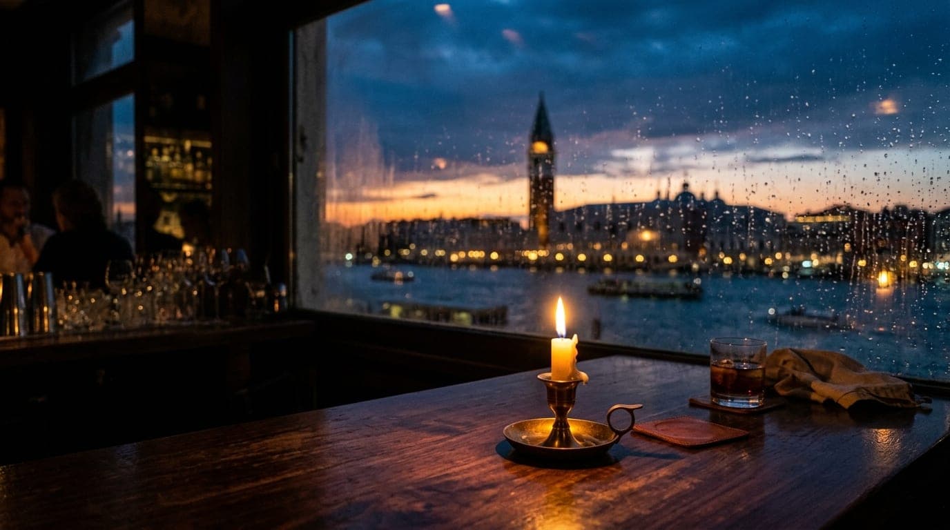 A flickering brass candle sits on a dark, polished wood bar top in the lower third, casting a warm glow toward the blurred...