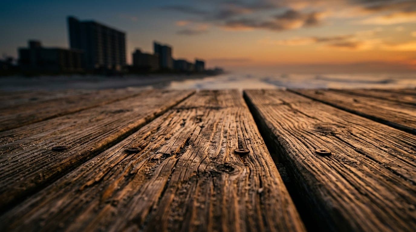 Macro, tilt-shift view of weathered wooden boardwalk planks at Neptune Beach, golden hour light illuminating the wood grai...