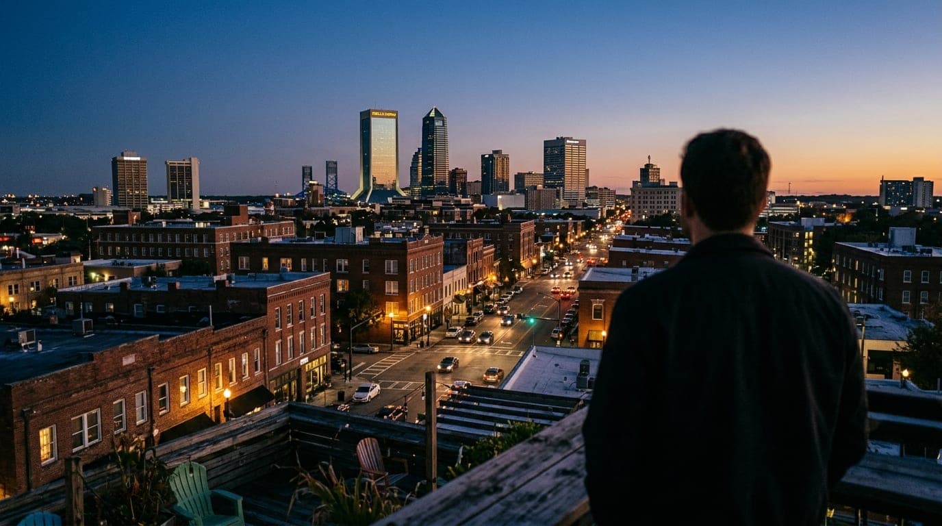 A wide 35mm view from the Hoptinger rooftop, capturing the Five Points district’s historic brick buildings under a deep bl...