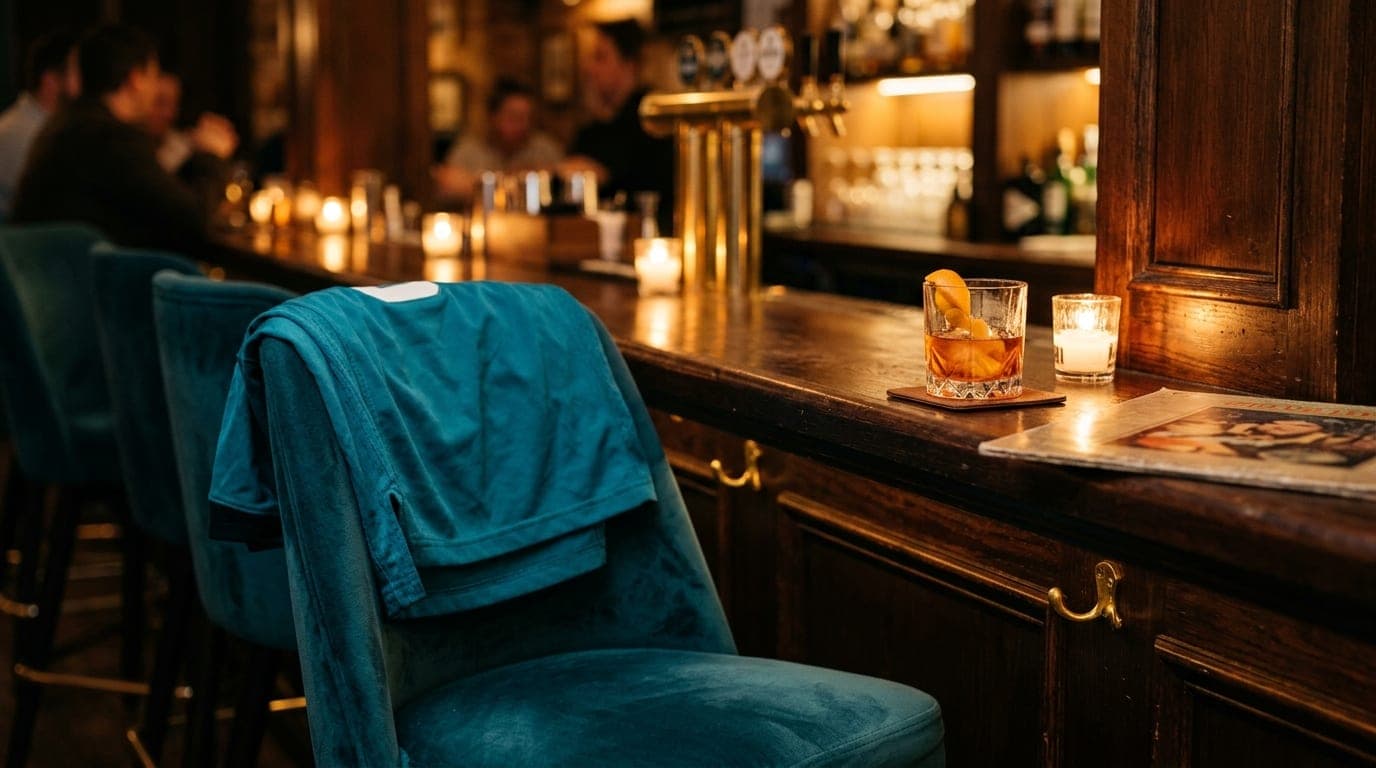A teal Jaguars jersey draped over the back of a velvet barstool, beside a half-finished craft cocktail and a vintage vinyl...