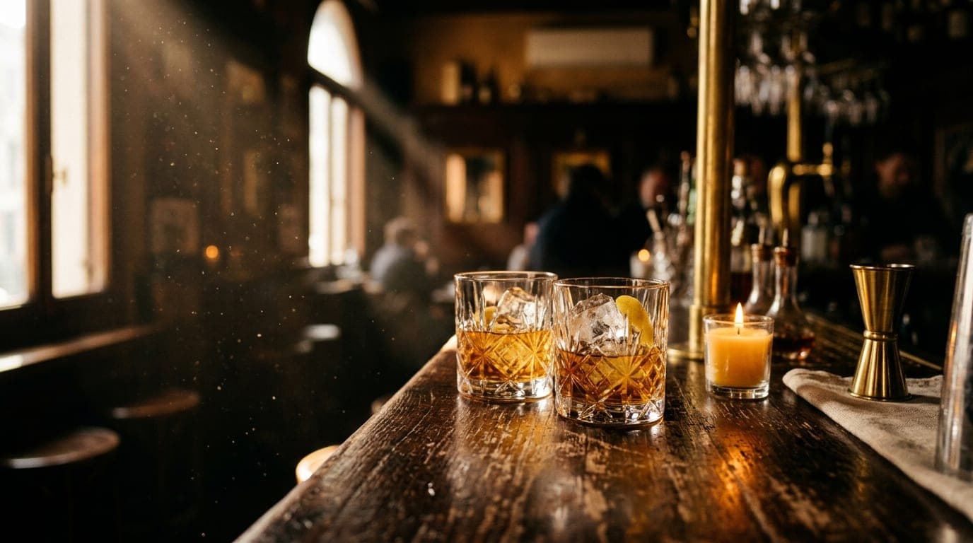 A close-up, tilt-shift focus captures two crystal rocks glasses filled with amber liquid on a rustic wooden counter at a d...
