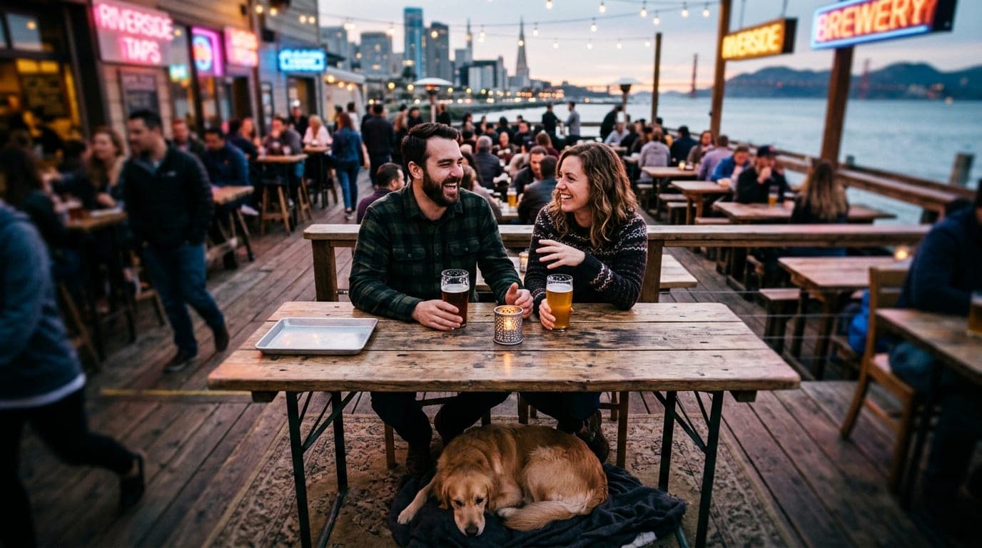 A tilt-shift selective focus captures a couple laughing over craft beers at a crowded riverside brewery table, with a Gold...