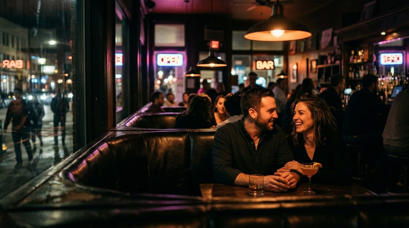 A wide, 35mm documentary shot shows a couple sitting in a dark, intimate leather booth inside a San Marco parlor. Warm tun...