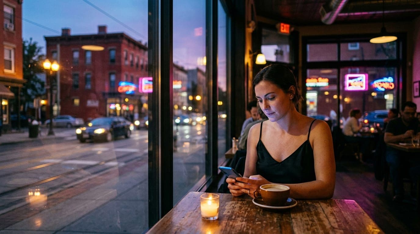 A woman in a silk camisole sits at a table in a sun-drenched cafe. She holds a smartphone, offset right, while a steaming...