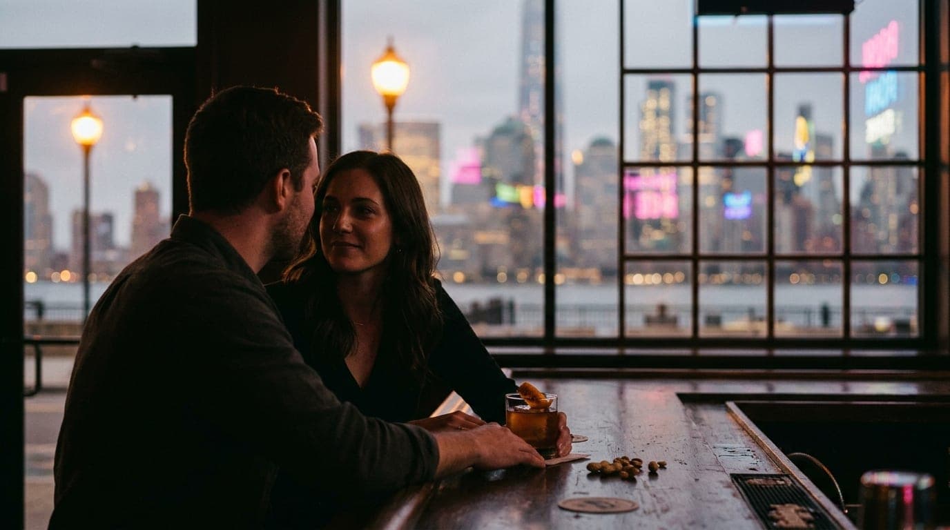 A couple sits at a dark, mahogany bar in Dullboy, low amber lighting highlighting their silhouettes. A craft cocktail with...