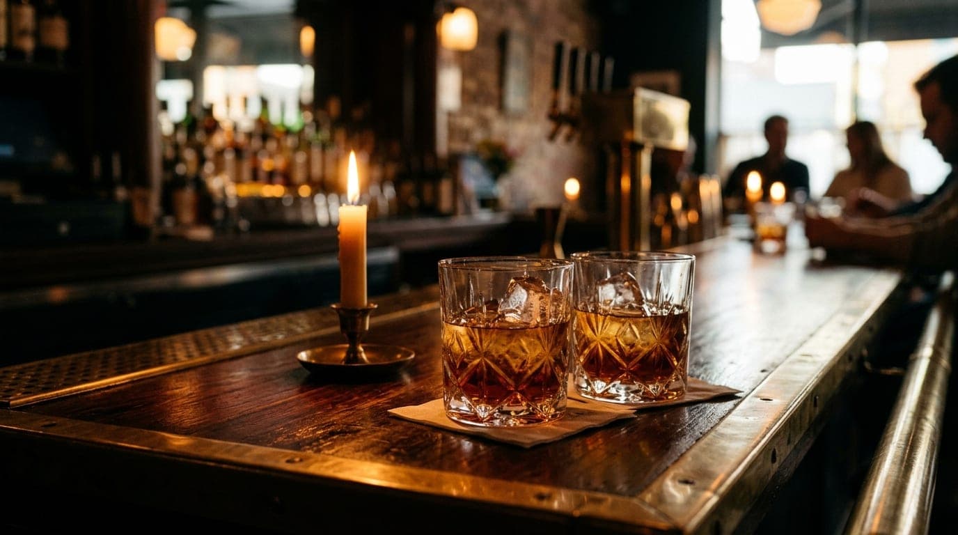 Two crystal rocks glasses with melting ice sit on a dark, mahogany bar top at Dullboy. A single lit taper candle flickers...
