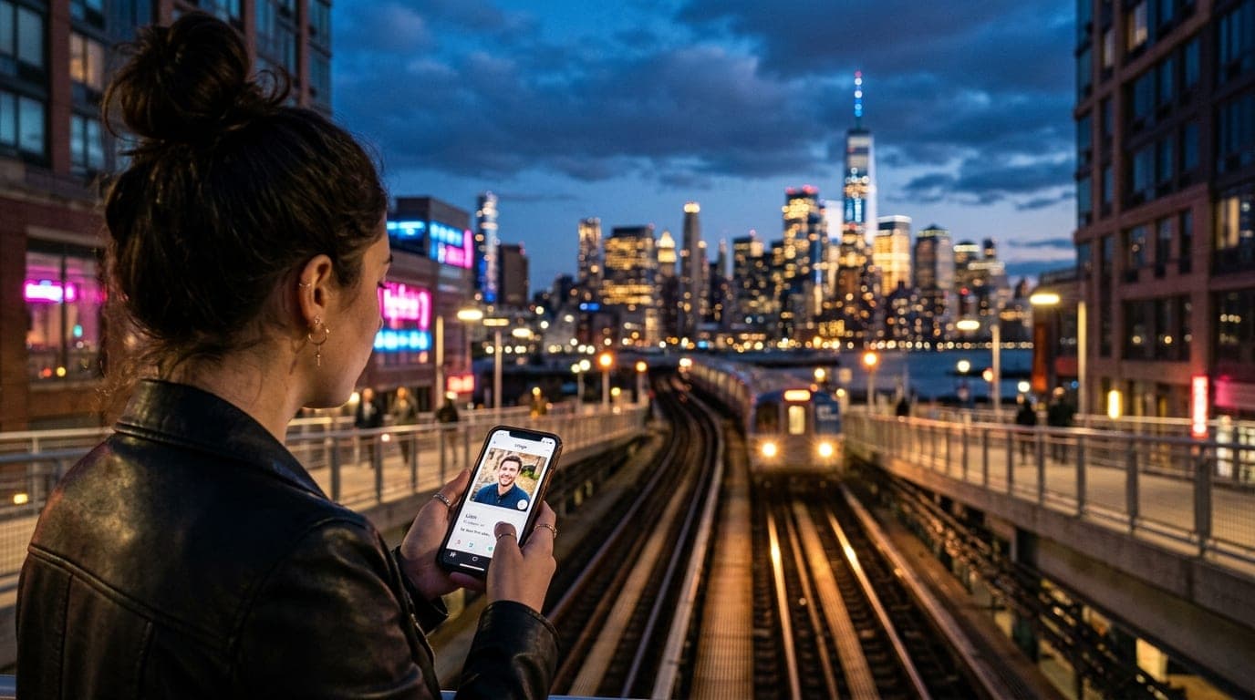 Over-the-shoulder view of a person holding a smartphone showing a Hinge profile, overlooking the sparkling Jersey City sky...
