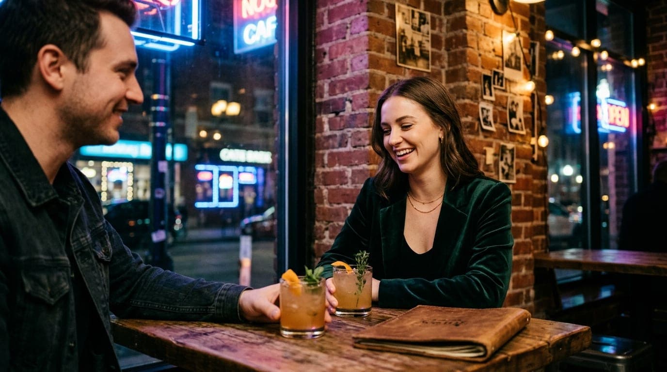 A couple sits at a wooden table inside a dimly lit, brick-walled bar. Two artisanal cocktails sit near a leather-bound men...