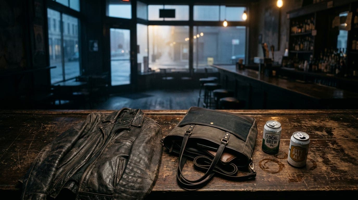 A worn leather jacket and a designer tote bag rest on a scratched, dark wood bar top beside two cold, open cans of local c...