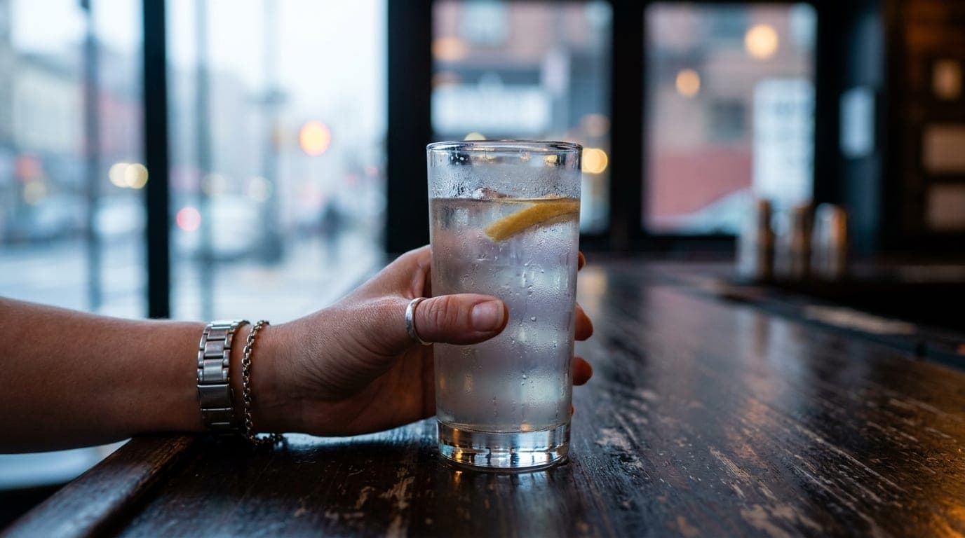 A 100mm macro shot captures a woman’s hand firmly clutching a highball glass on a bar top, her thumb protectively covering...