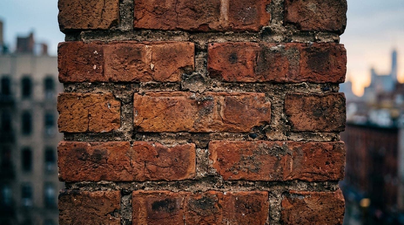 A tight, 100mm macro overhead flat-lay captures a weathered brick facade in The Heights during an overcast morning. The fr...