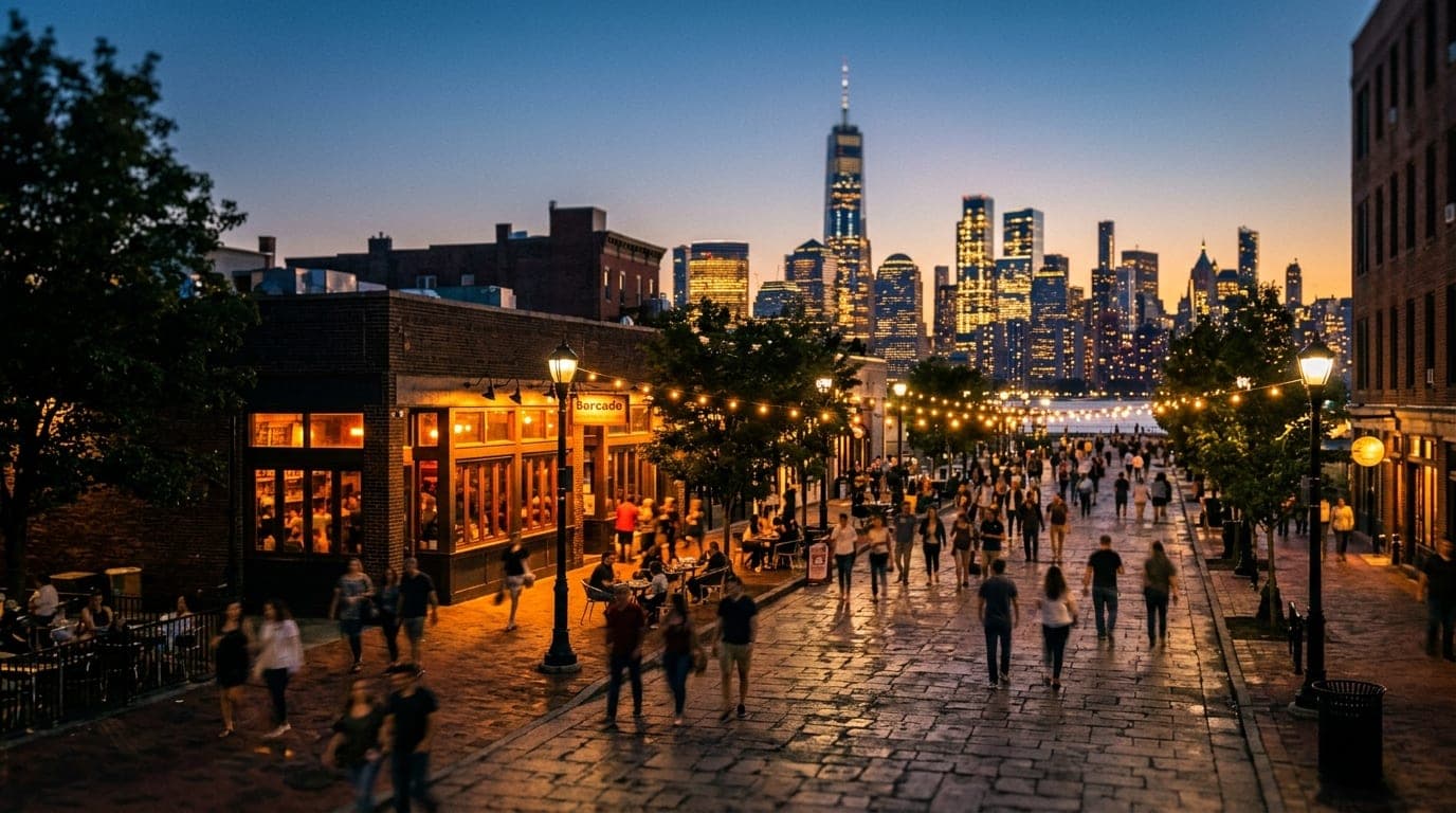 A wide, tilt-shift shot of the Newark Avenue pedestrian plaza at dusk. Warm tungsten light spills from Barcade’s storefron...