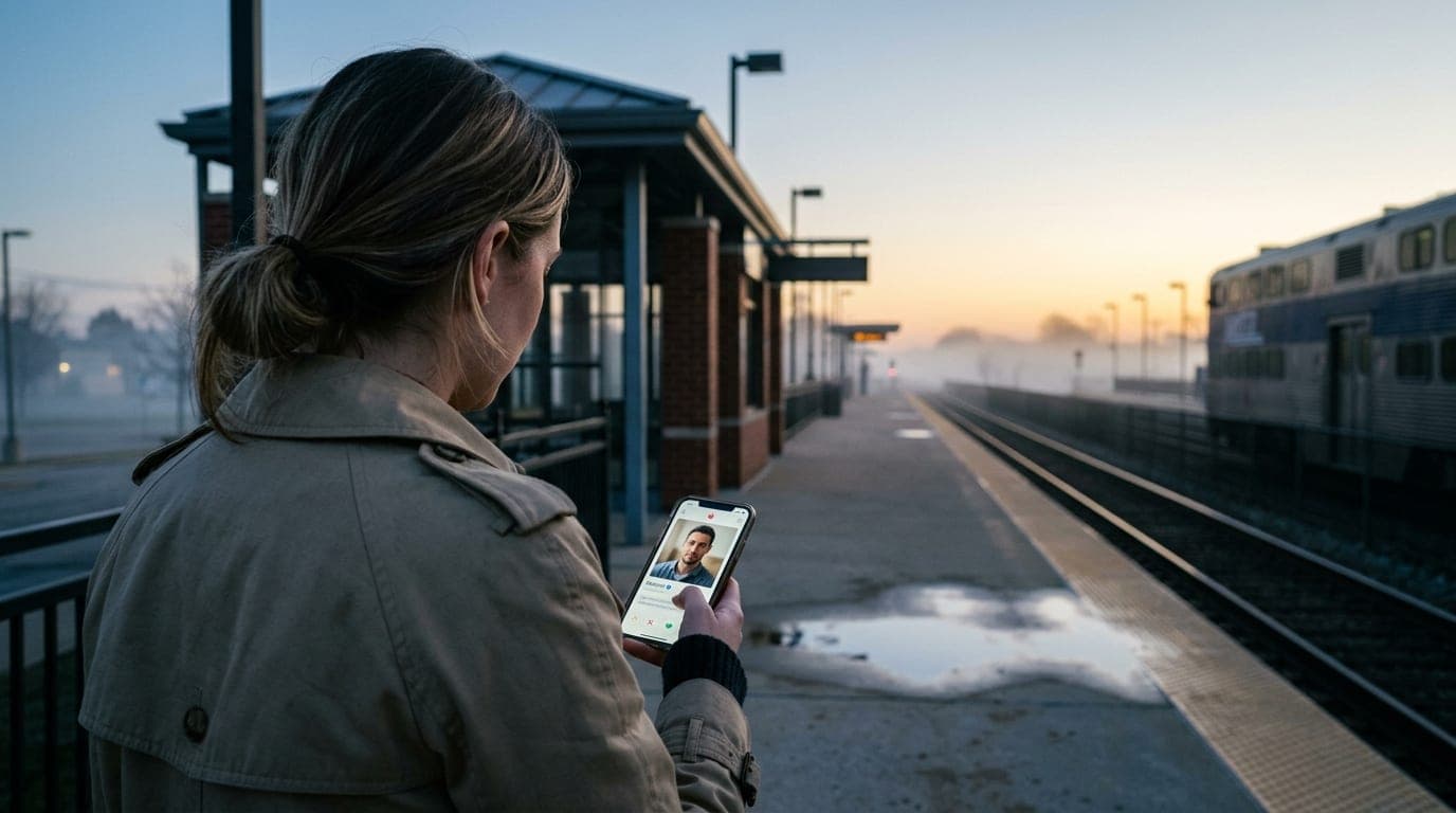 An over-the-shoulder view of a smartphone displaying a verified profile, held by a woman in a beige trench coat. Blue hour...