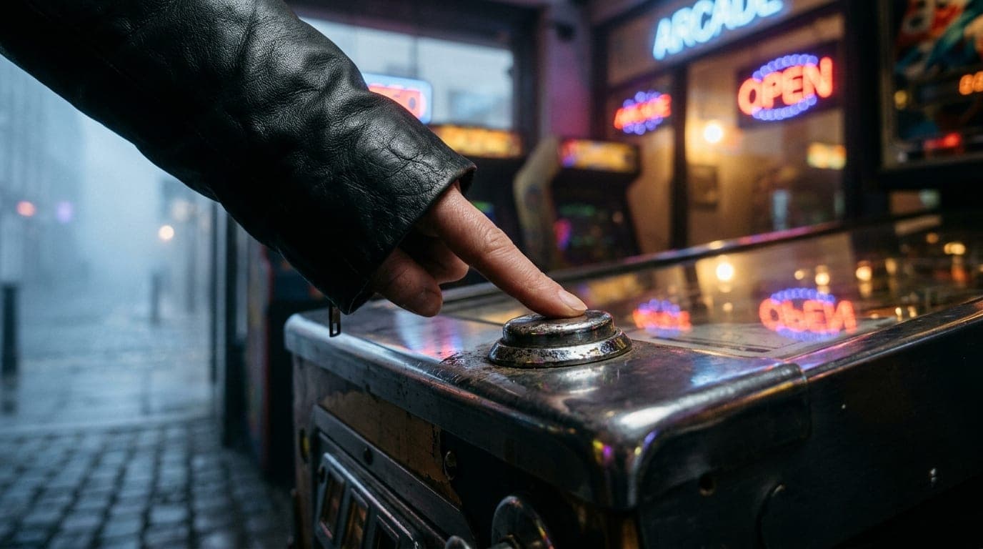 A low-angle macro shot of a weathered silver pinball flipper button being pressed by a woman in a black leather jacket. Mi...
