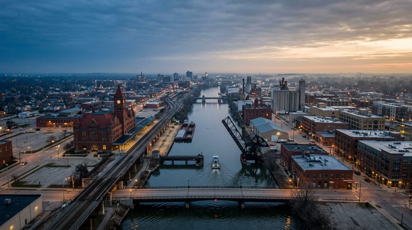 An overhead 24mm flat-lay view of the Des Plaines River bisecting Joliet at dawn, symmetrically capturing the historic Jol...