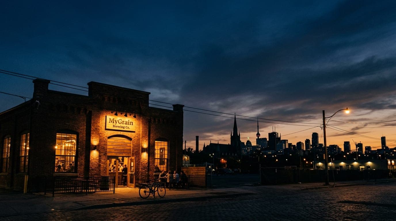 A wide, 50mm establishing shot of the illuminated MyGrain Brewing Co. brick facade at night. Warm tungsten light glows fro...