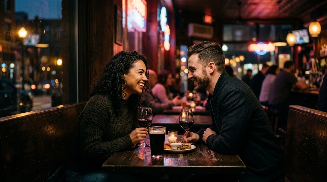 An 85mm portrait with shallow depth of field. A couple shares a conspiratorial smile inside a dimly lit booth at a local t...