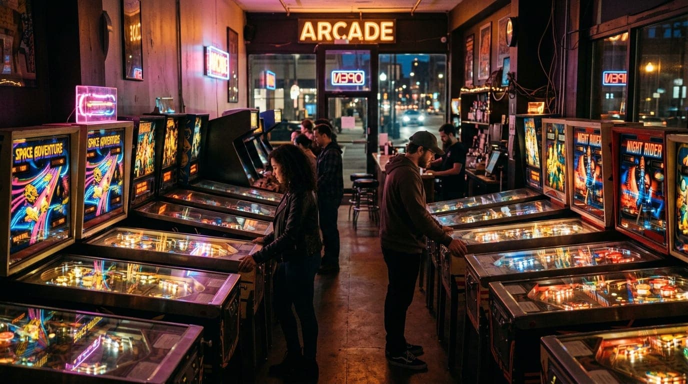 A wide, symmetric 24mm shot inside a dimly lit pinball arcade. A couple stands facing separate illuminated machines, their...