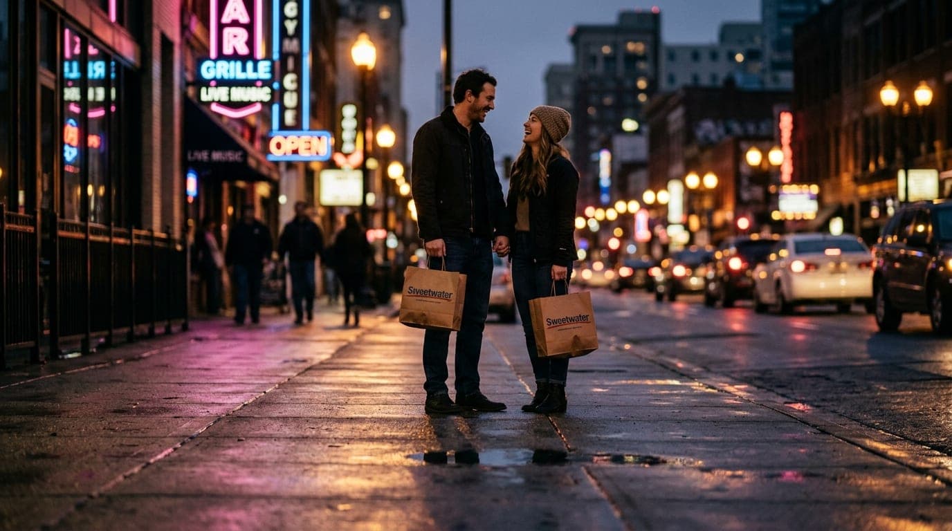A low-angle, tilt-shift shot of a couple standing on a rain-slicked Vine Neighborhood sidewalk. They hold Sweetwater donut...