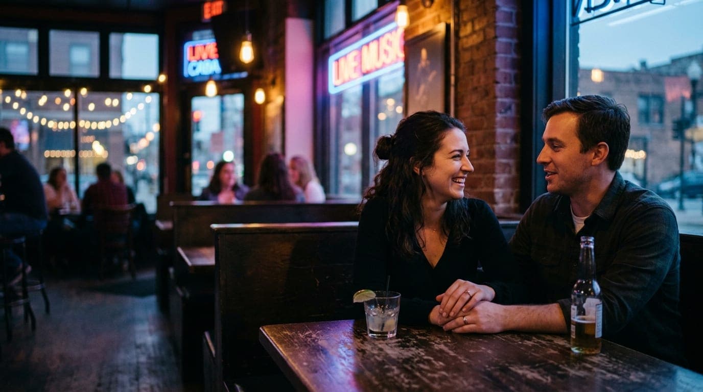 A 35mm documentary shot, rule-of-thirds with a couple offset right at a dimly lit corner booth in The Union Cabaret. A hal...