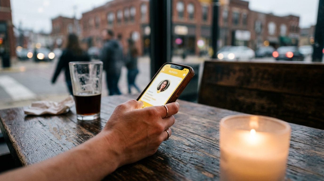 A candle-lit medium shot of a hand holding a smartphone displaying a Bumble profile, resting on a rustic wooden booth at a...