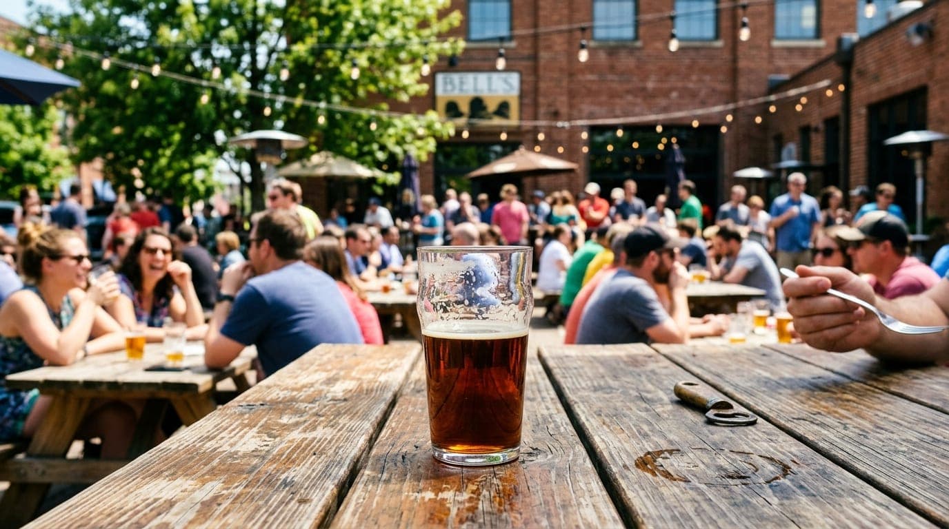A close-up, tilt-shift shot at noon catches a half-full pint of craft beer on a weathered picnic table at Bell’s, with a b...