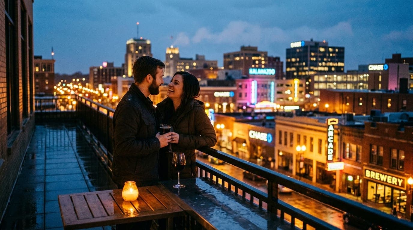 A medium shot of a couple leaning against a rain-slicked balcony railing overlooking a glowing Kalamazoo skyline, candle-l...