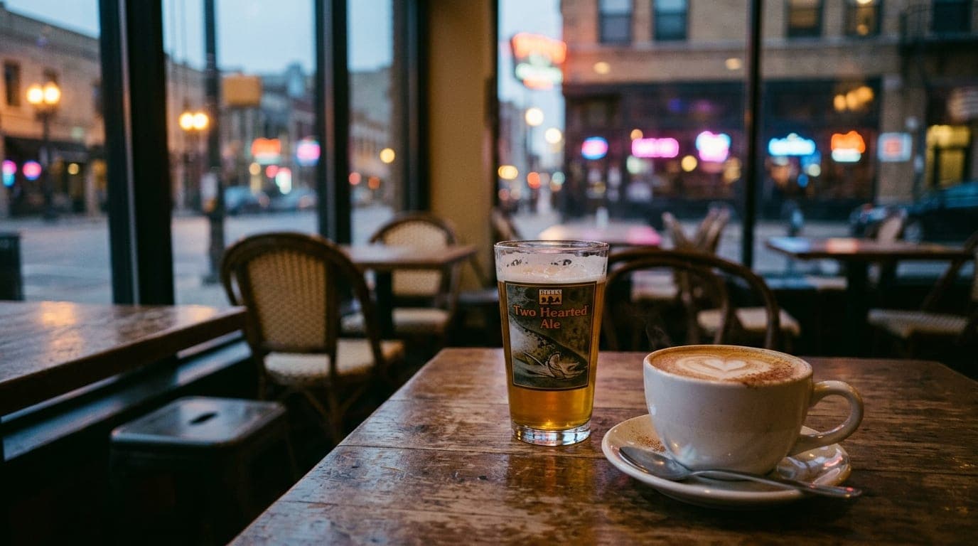 A close-up 35mm documentary shot, offset right, captures a half-drunk Two Hearted ale and a steaming latte on a rustic caf...