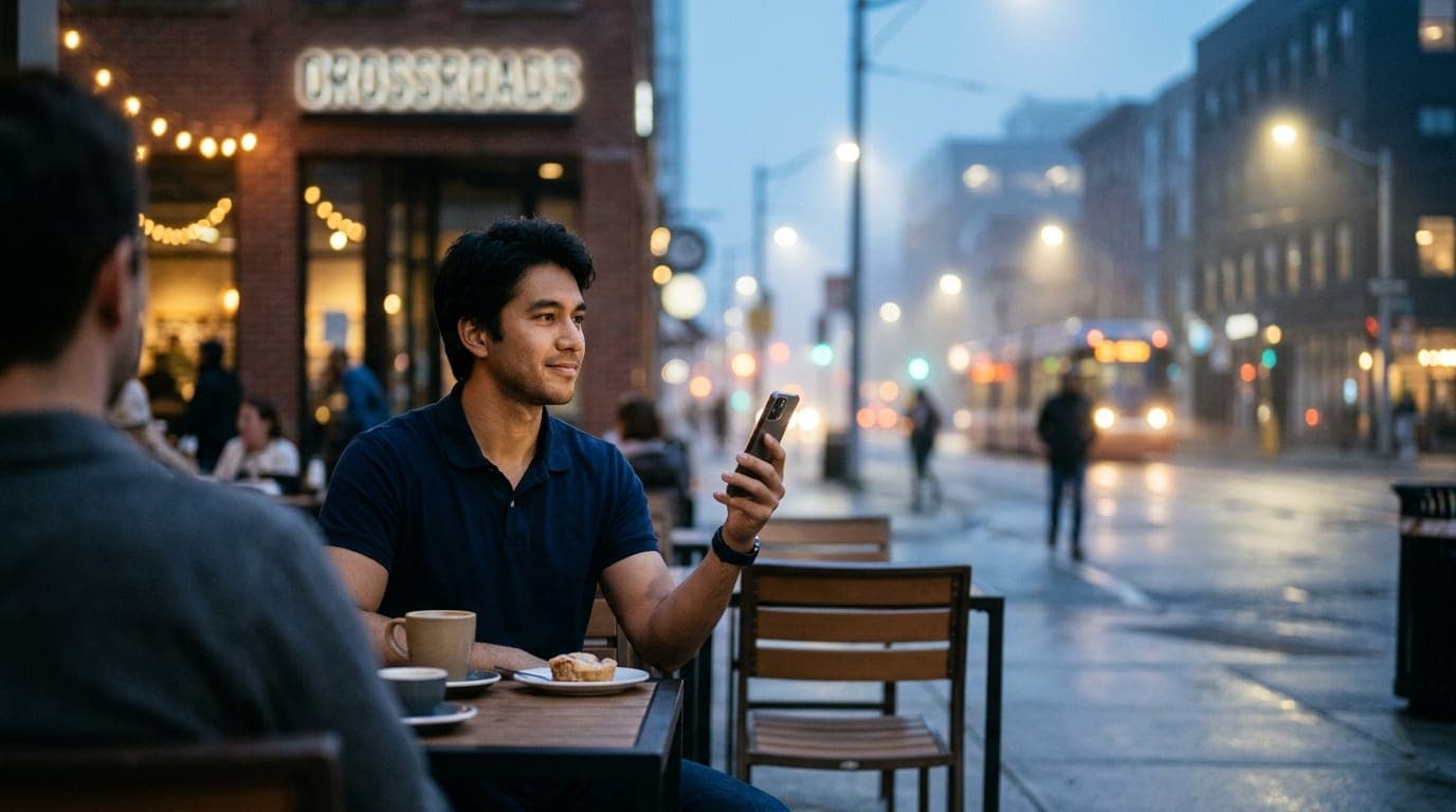 An 85mm portrait captures a man in a navy polo sitting at a Crossroads coffee shop table, smartphone held near his chest,...