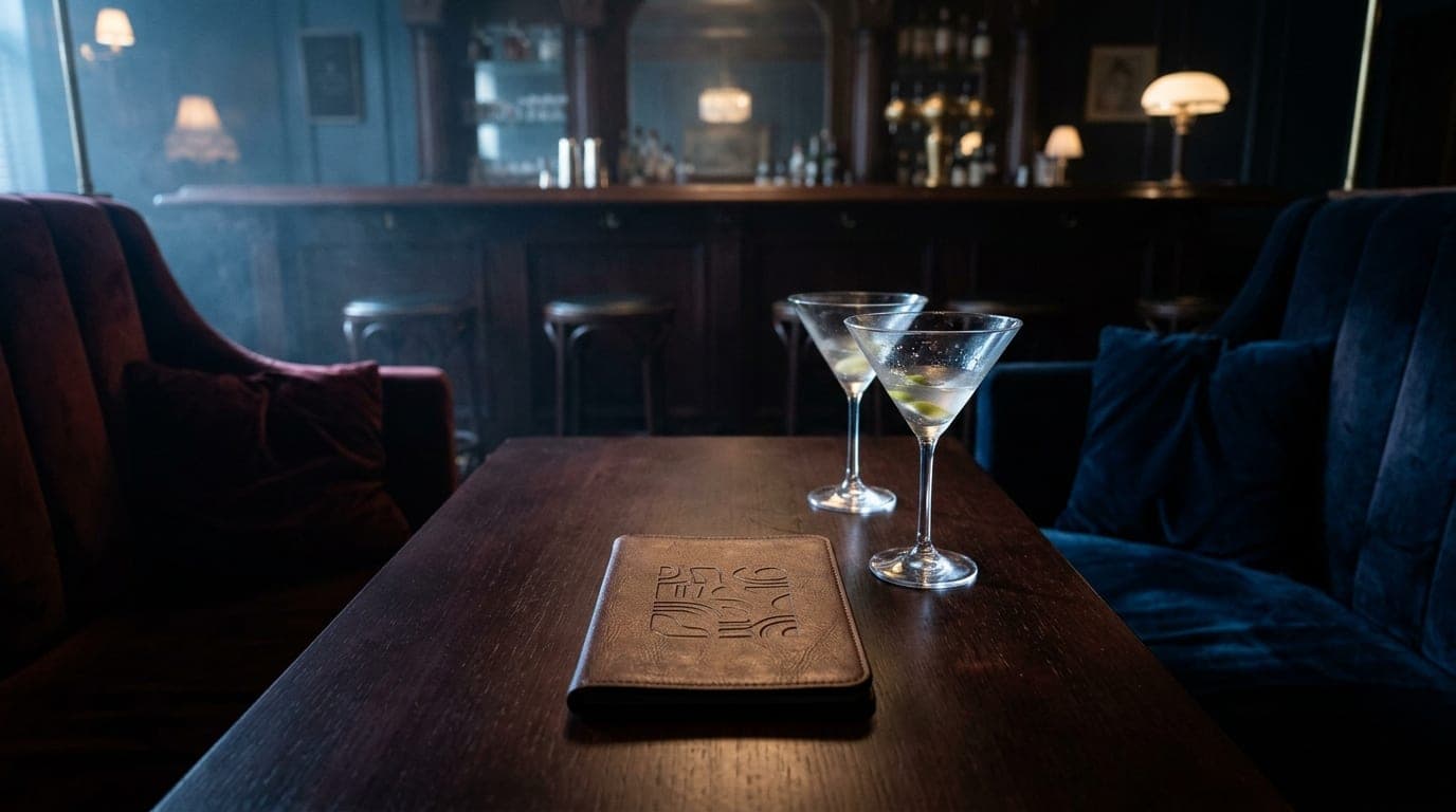 A low-angle 24mm shot inside a dim, velvet-lined speakeasy booth. A leather-bound coaster sits centered on a dark mahogany...
