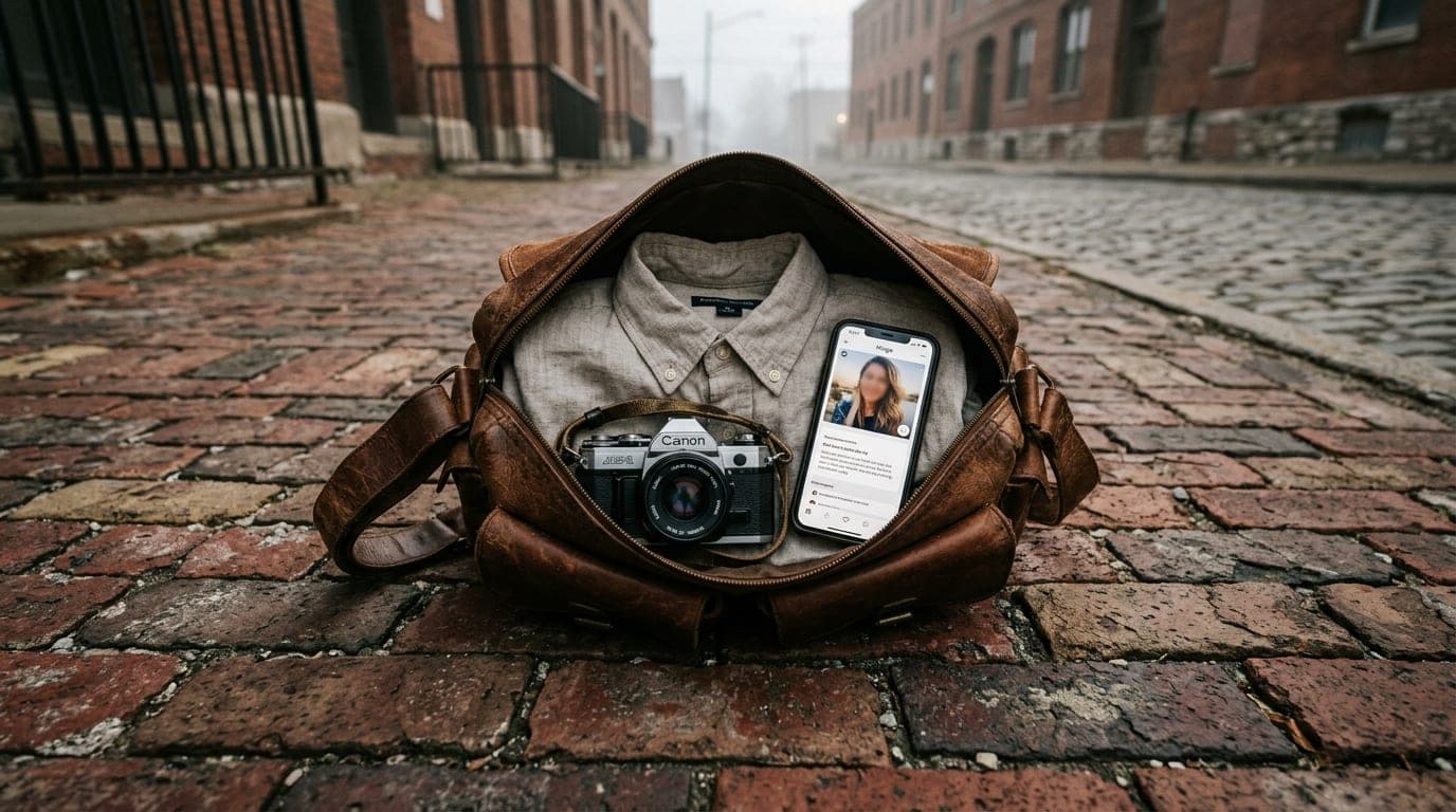 A 24mm wide-angle, centered shot of a worn leather messenger bag on a West Bottoms brick sidewalk, containing a linen shir...