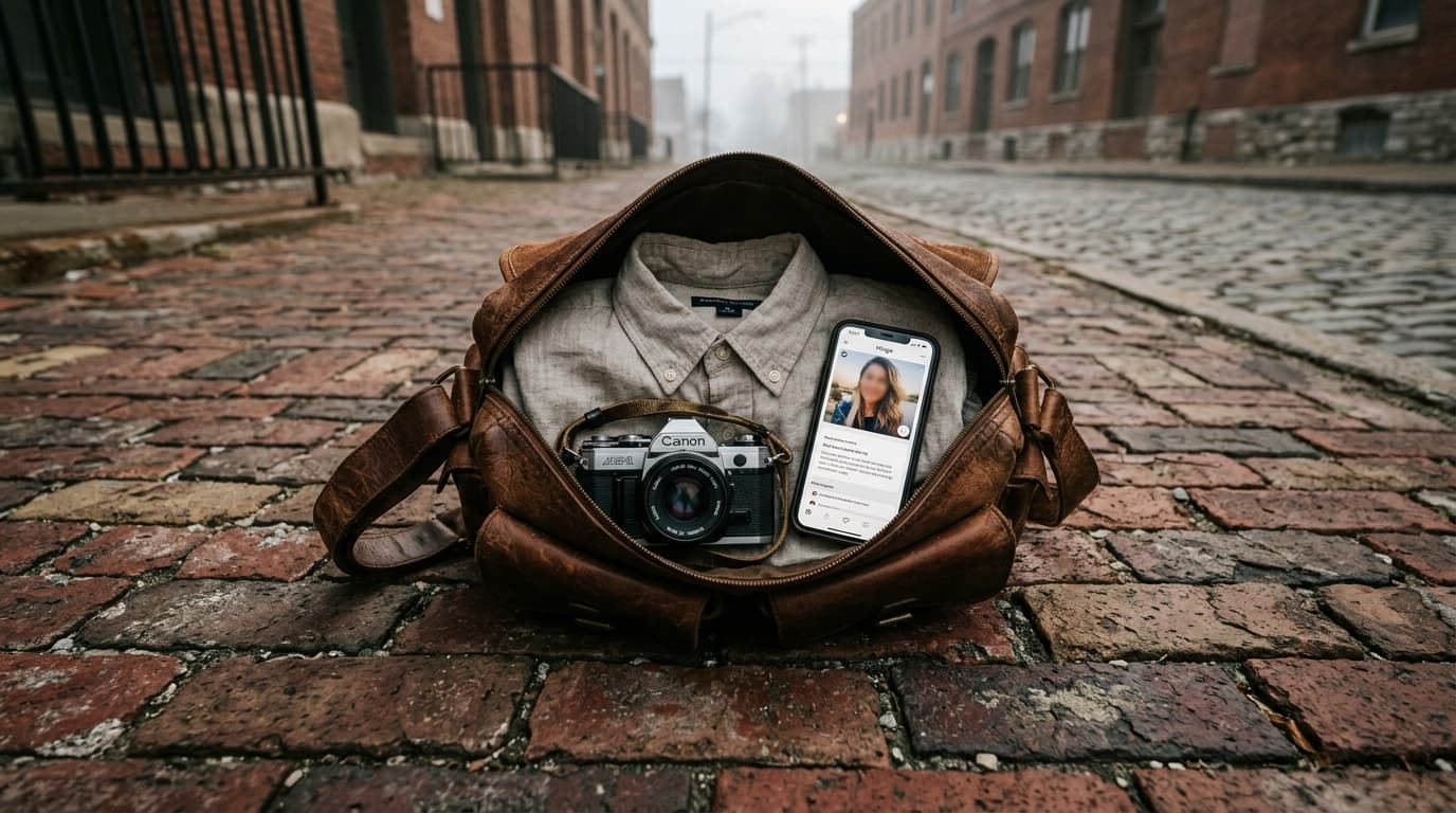 A 24mm wide-angle, centered shot of a worn leather messenger bag on a West Bottoms brick sidewalk, containing a linen shir...