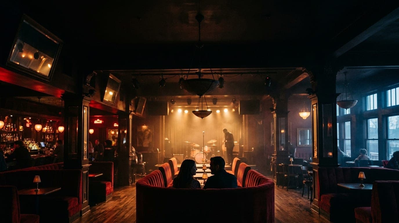 A wide, 50mm establishing shot of the Green Lady Lounge’s red-lit interior. A couple sits in a velvet booth in the lower t...