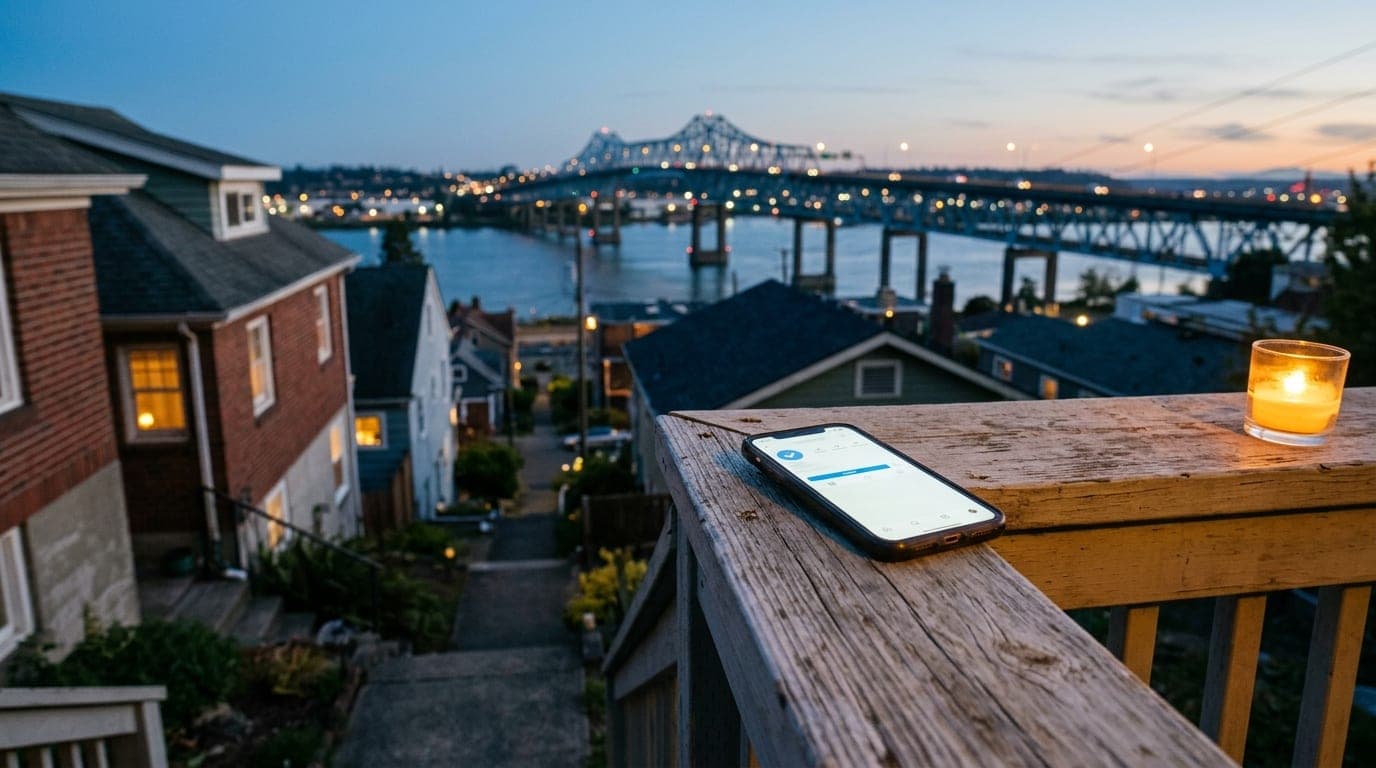 A medium shot with tilt-shift focus shows a glowing smartphone displaying a verified profile, resting on a sun-bleached wo...