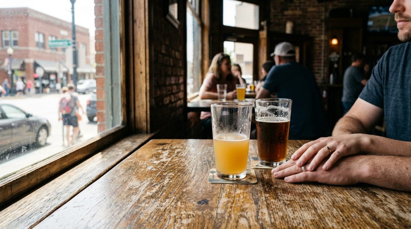 A 35mm documentary close-up, lit by natural noon sun through a taproom window, features two pint glasses on a scarred wood...