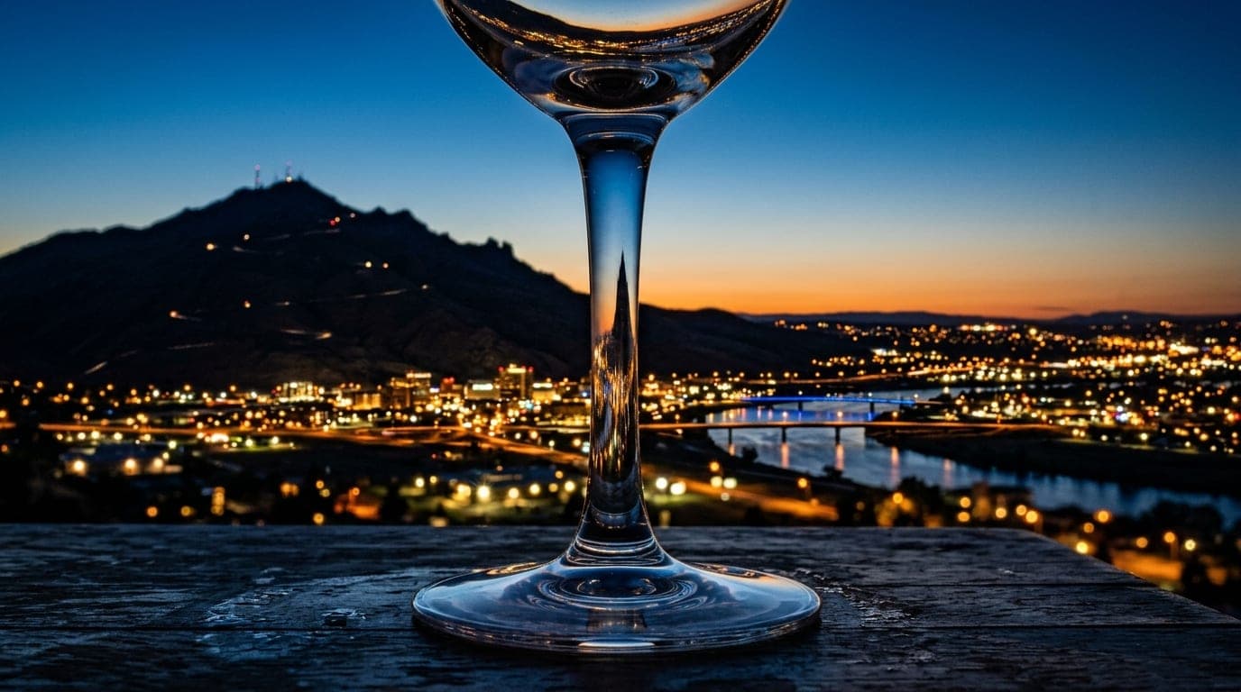 A low-angle, tight-crop macro shot of a polished wine glass stem reflecting the glowing, midnight city lights of the Tri-C...
