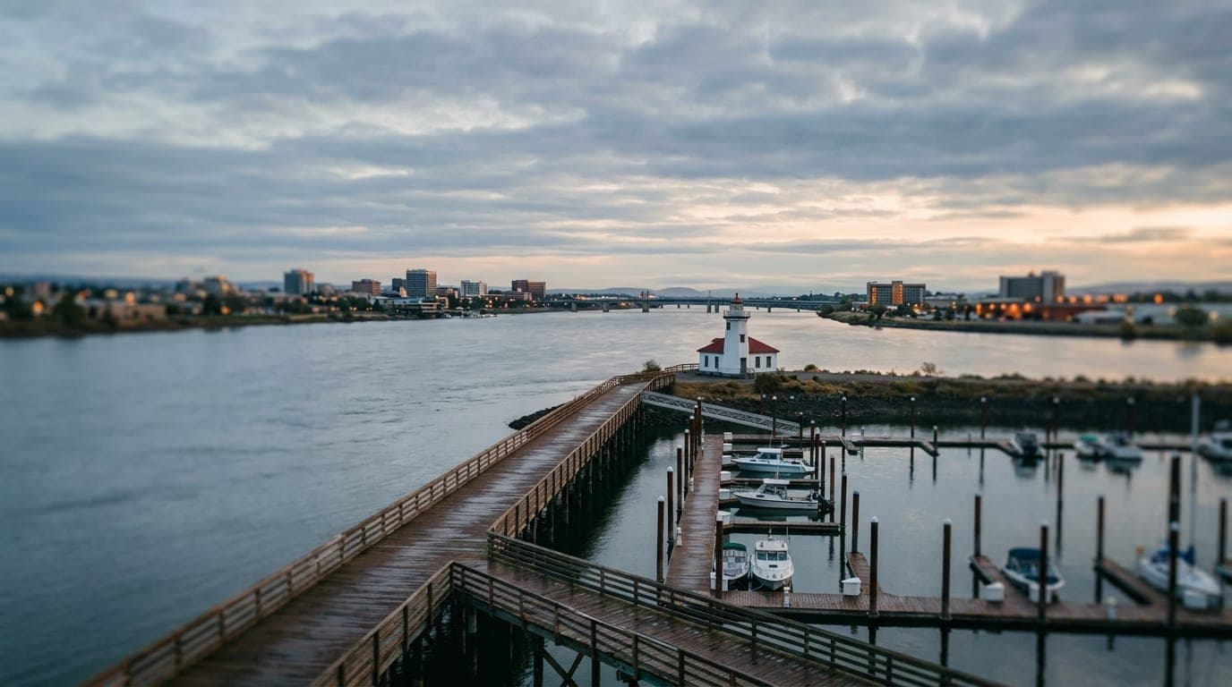 An overhead flat-lay shot of the Clover Island Lighthouse during an overcast morning, with leading lines of the marina’s w...