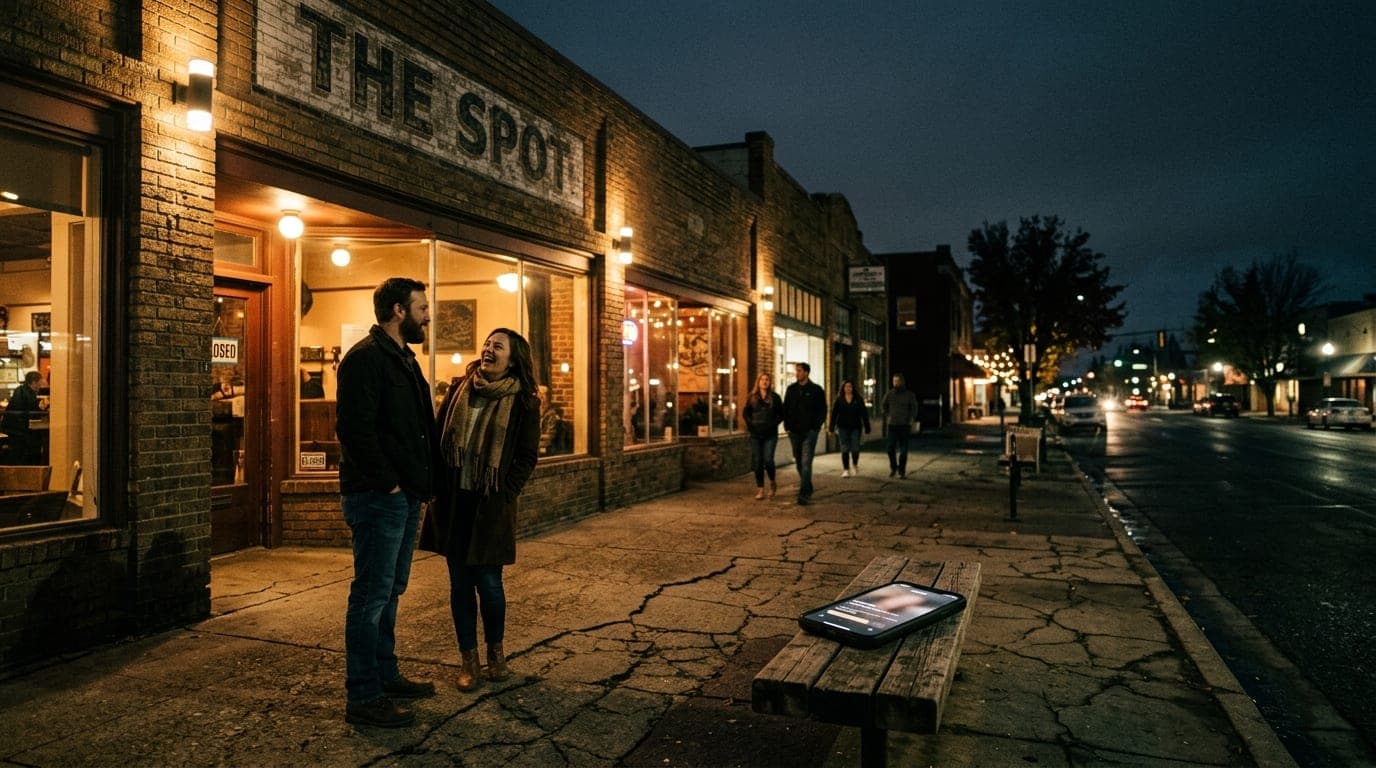 Wide shot of a vintage Kennewick brick storefront at night. A couple stands on the cracked sidewalk, illuminated by warm t...