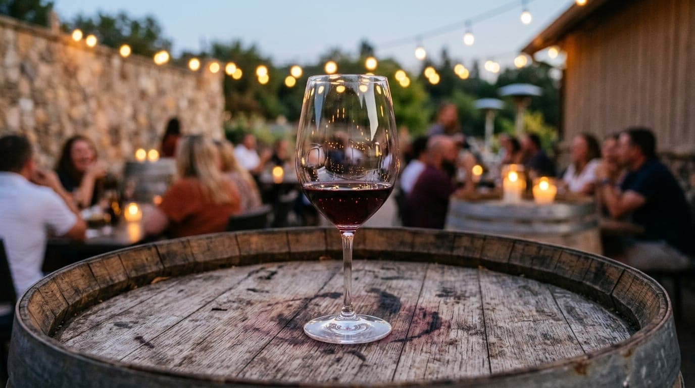 Medium shot, 100mm macro. A crystal wine glass sits on a weathered oak barrel at a Southridge winery, reflecting the soft,...